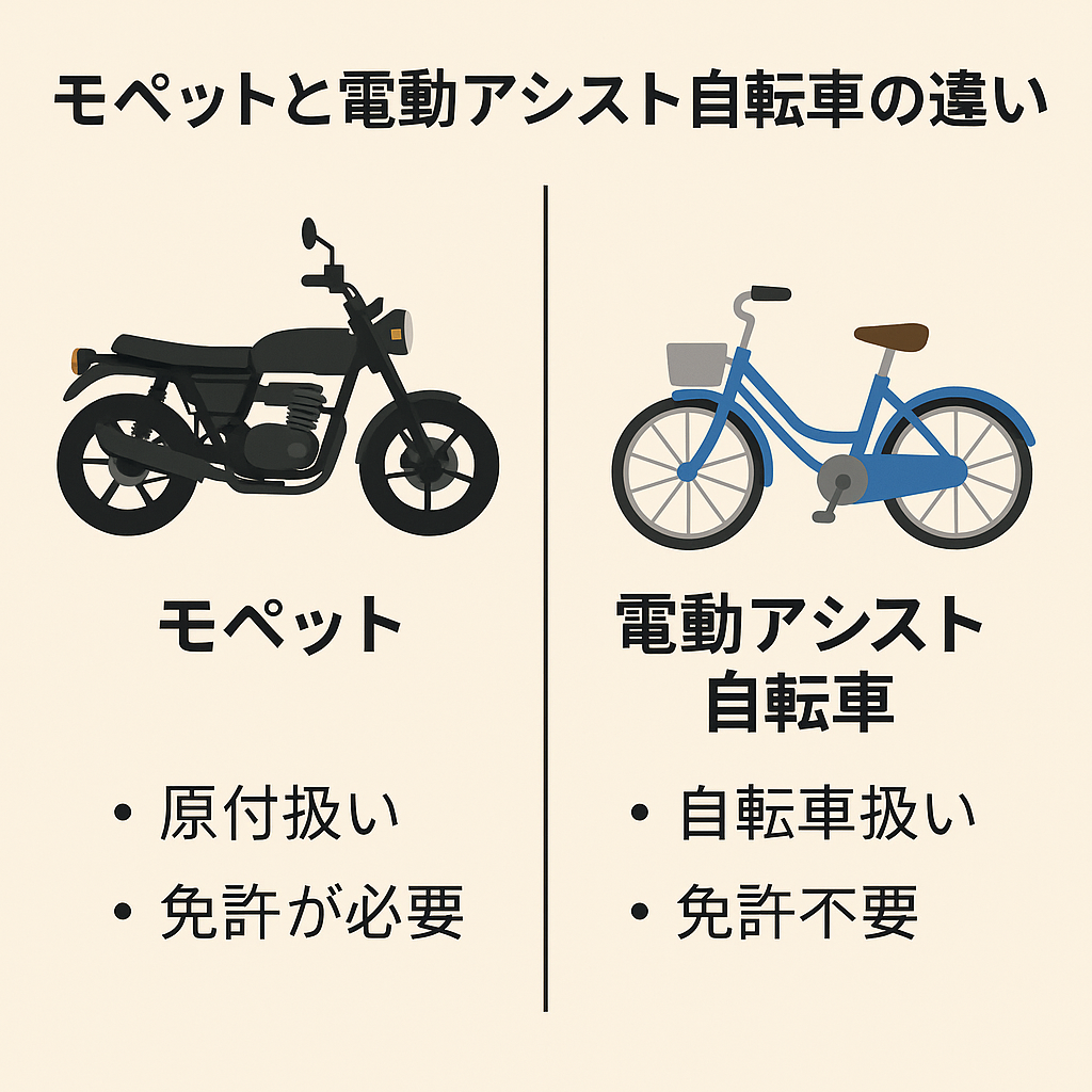 AIで作成した、モペットと電動アシスト自転車の違いを並べて比較した図解。モペットは原付で免許が必要、電動アシストは免許不要な点を示している。