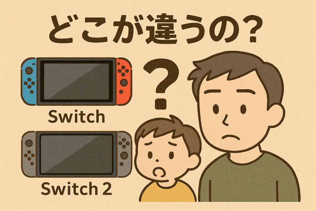 Nintendo SwitchとSwitch 2の見た目の違いに戸惑う親子を描いた比較イラスト。上が初代Switch、下がSwitch 2で、違いがわからず悩む様子の父親と子どもが中央に描かれている。