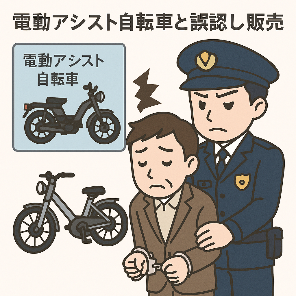 AI生成のイラスト。モペットを電動アシストと誤認して販売したケースを警察が取り締まる様子を描いている