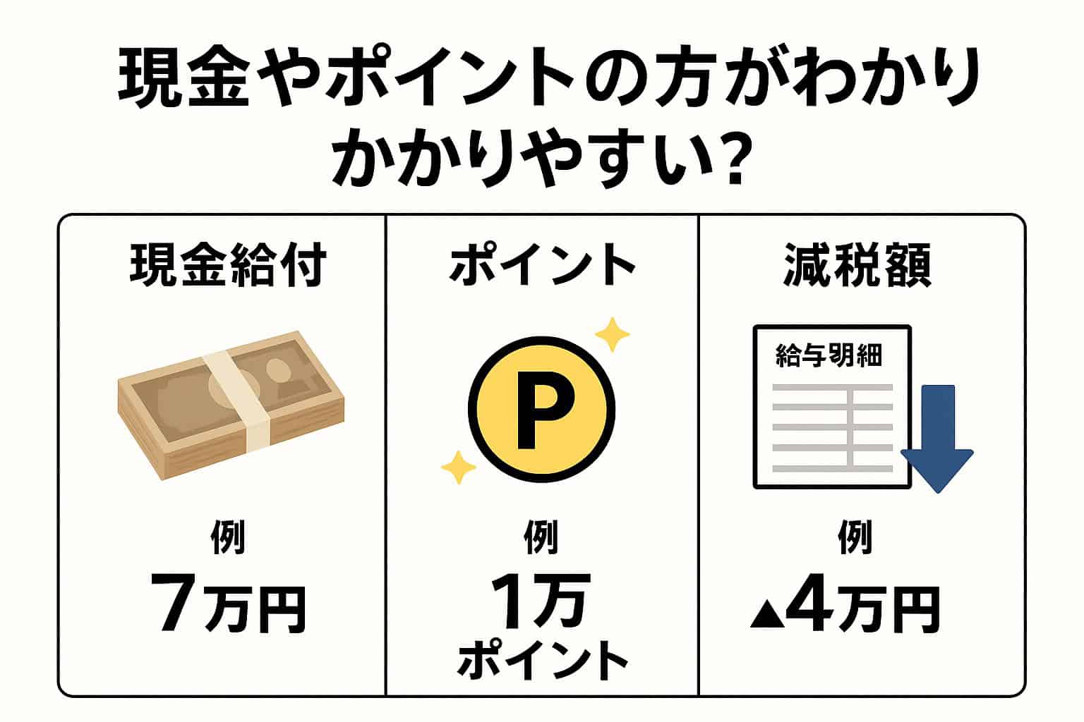 現金給付・ポイント支給・定額減税の3つの支援方法を比較し、それぞれの支給額や手取りへの影響を具体的な例で説明した図解