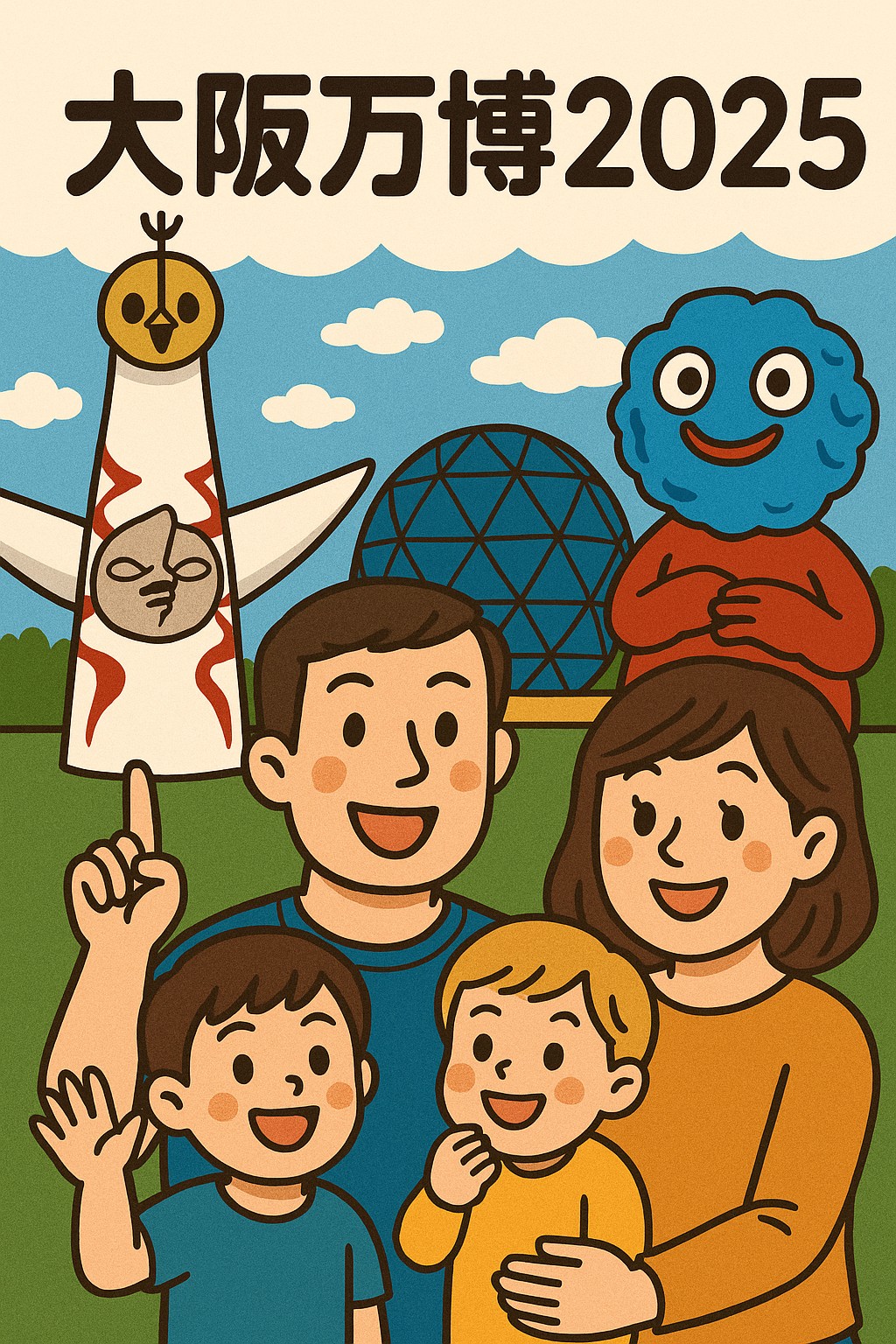 大阪万博2025を楽しむ家族のイラスト。ミャクミャクと未来技術が描かれたポスター風のデザイン。