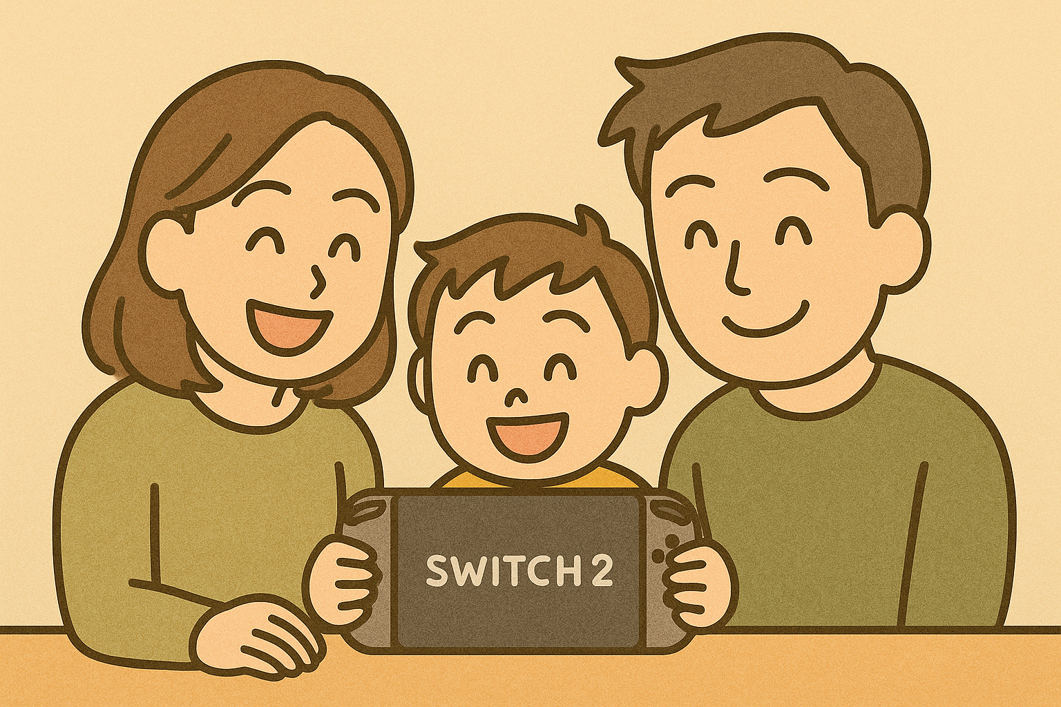 Nintendo Switch 2を囲んで笑顔で話し合う家族のイラスト。父親と母親が子どもと一緒にリビングで楽しくゲームについて語り合っている様子。