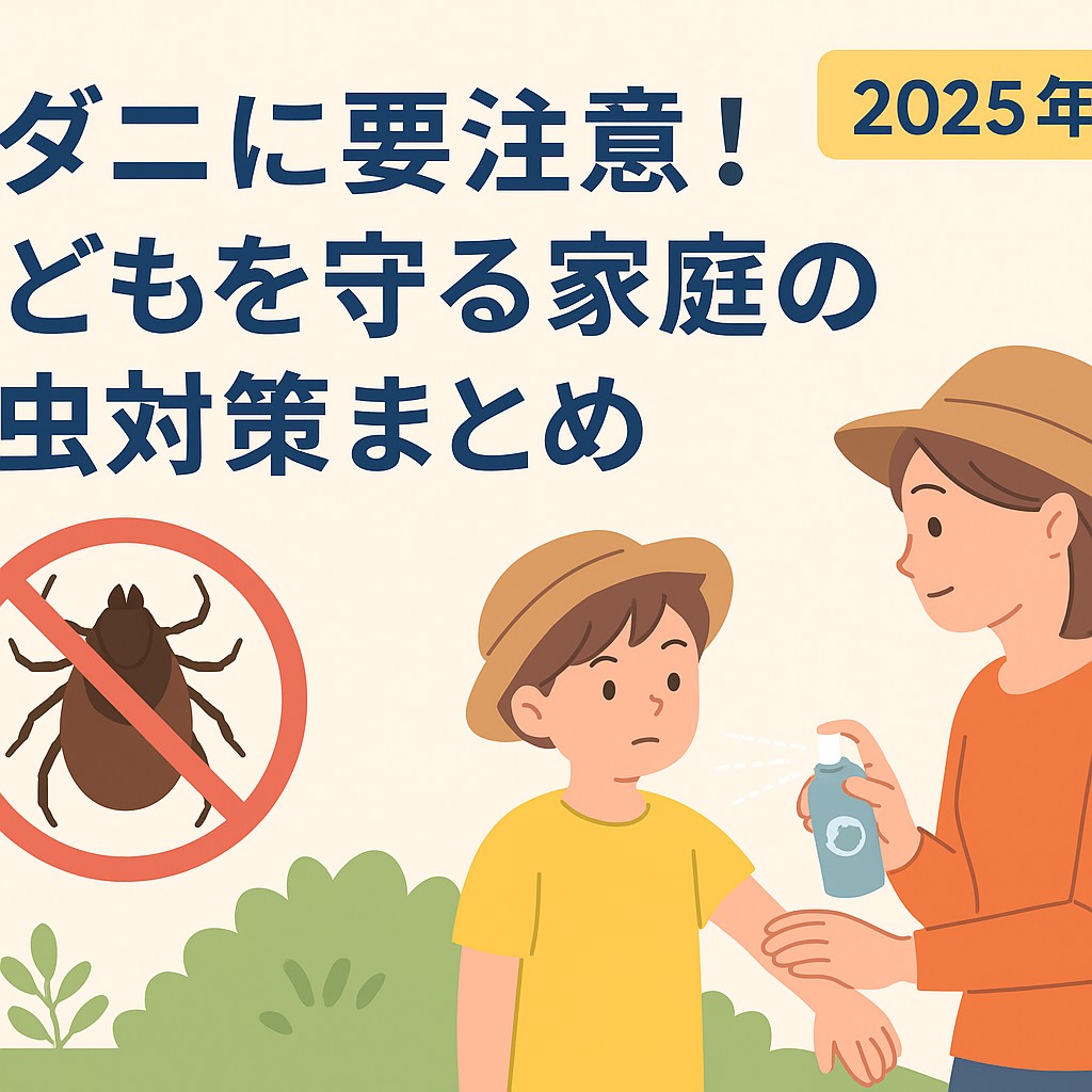 虫よけスプレーをかける親子と、ダニに注意を呼びかけるアイキャッチバナー。「ダニに要注意！子どもを守る家庭の虫対策まとめ 2025年最新」の文字入り。