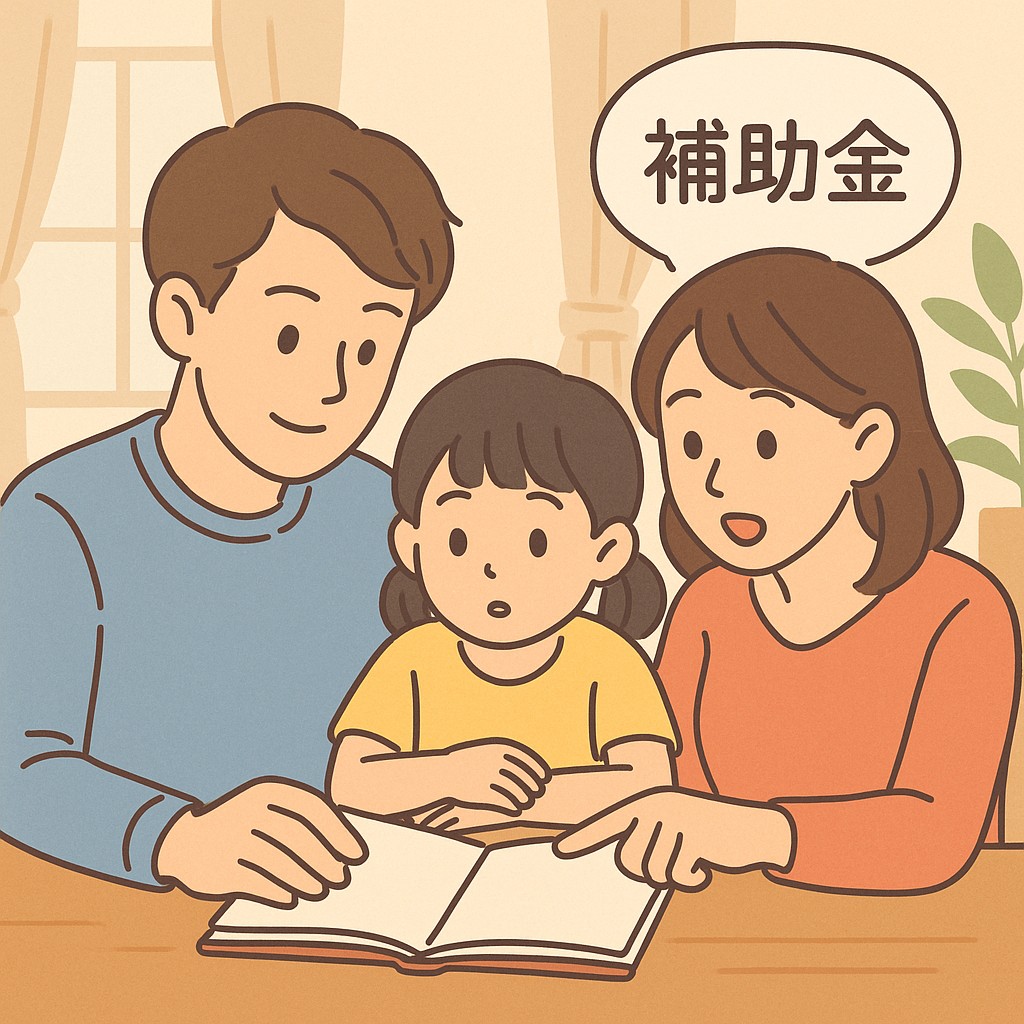 子育て補助金と時短勤務制度を一緒に調べている家族のイラスト（2025年制度解説用）