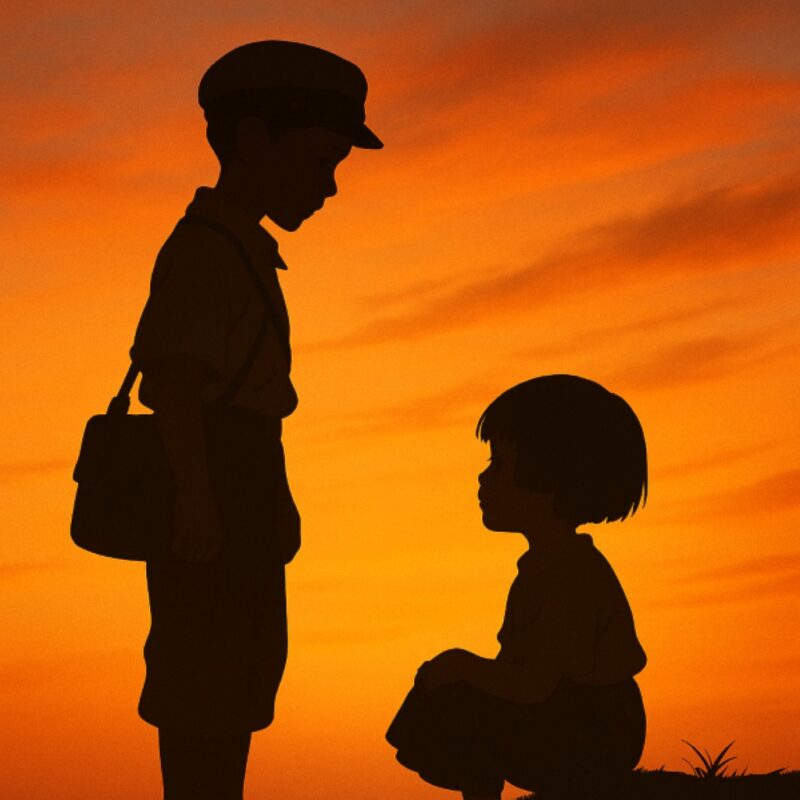 火垂るの墓を子どもに見せるべきかを考える象徴的な夕暮れの兄妹のシルエット