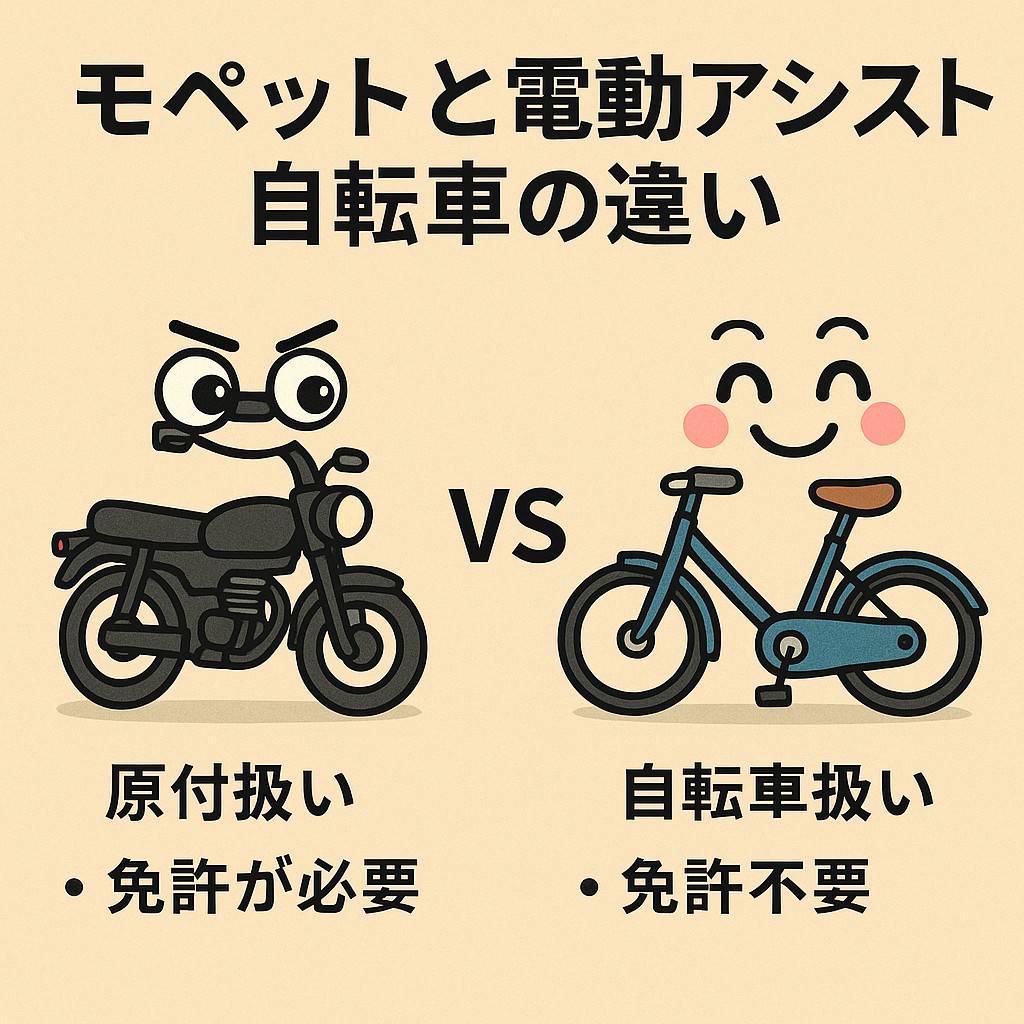 モペットと電動アシスト自転車の違いを比較した図解