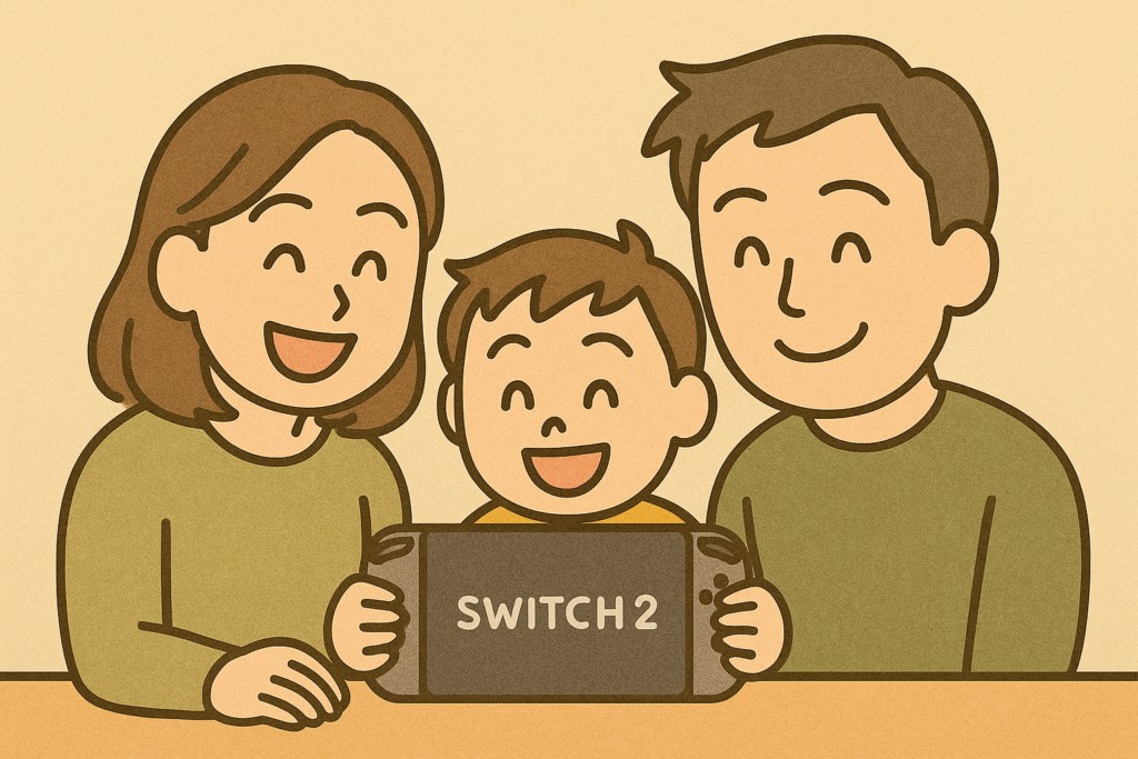 Nintendo Switch 2をきっかけに、親子で笑顔で話す家族のイラスト