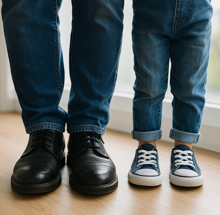支援学級に通う子どもと親の足元を写した写真。異なる靴と歩幅が、親子の成長と寄り添いを象徴している。