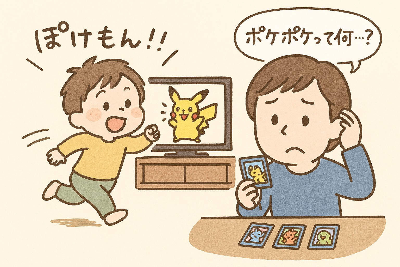 子どもが「ぽけもん！」とテレビに向かって駆け寄る様子と、父親が「ポケポケって何？」と戸惑う姿を描いた親子のイラスト。背景にはピカチュウ。