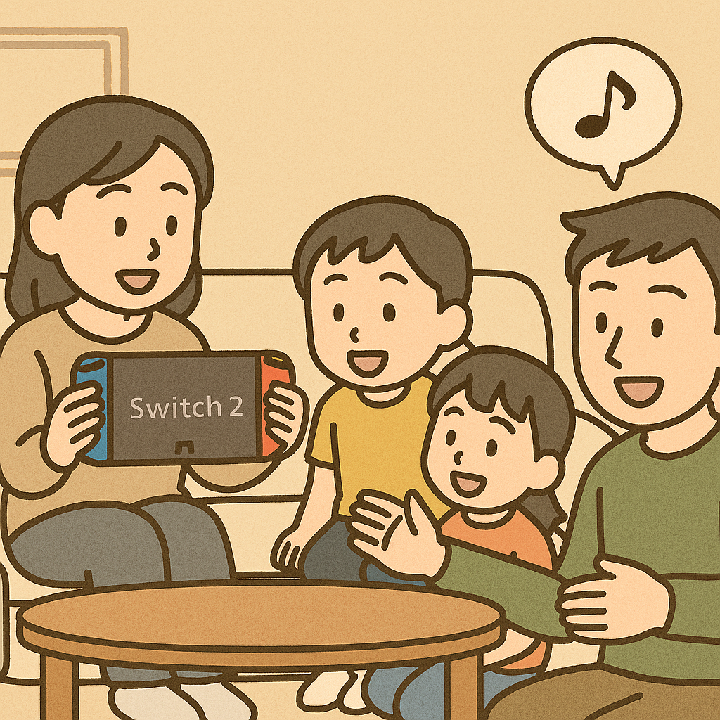 リビングでNintendo Switch 2を囲み、親子4人が笑顔で会話している様子を描いたイラスト。家族のつながりとゲームの楽しい活用シーンを表現している。