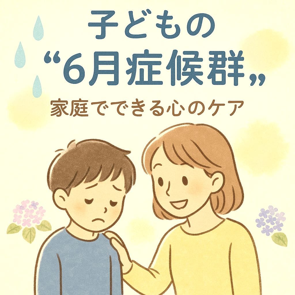 6月症候群に悩む子どもと、それを見守る母親の様子（家庭での心のケアを描いたイラスト）