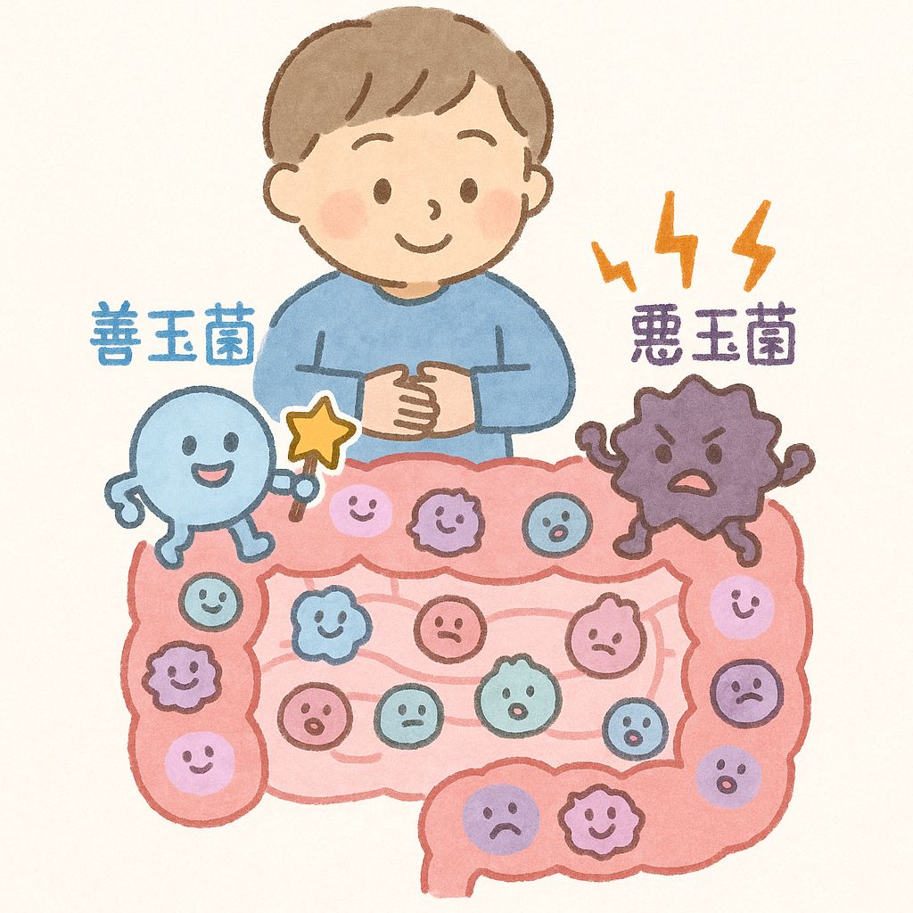 腸内で善玉菌と悪玉菌が戦う様子を子ども向けにやさしく表現したイラスト。腸活で腸内環境を整える様子を視覚化した図