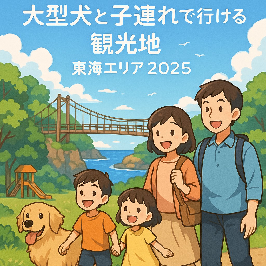 大型犬と子連れの家族が伊豆高原エリアを旅行で楽しむイメージイラスト